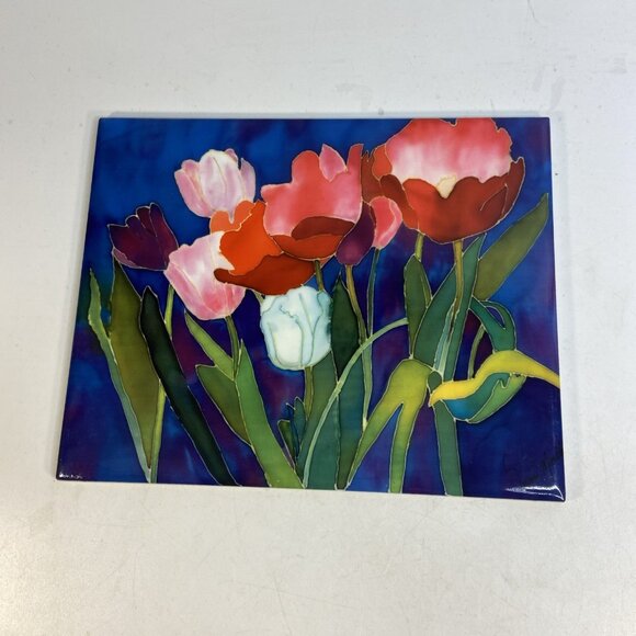 Vtg Red Tulip Ceramic Tile 8x10 Framed Home Decor Wall Art Floral Art Nouveau - Picture 4 of 7